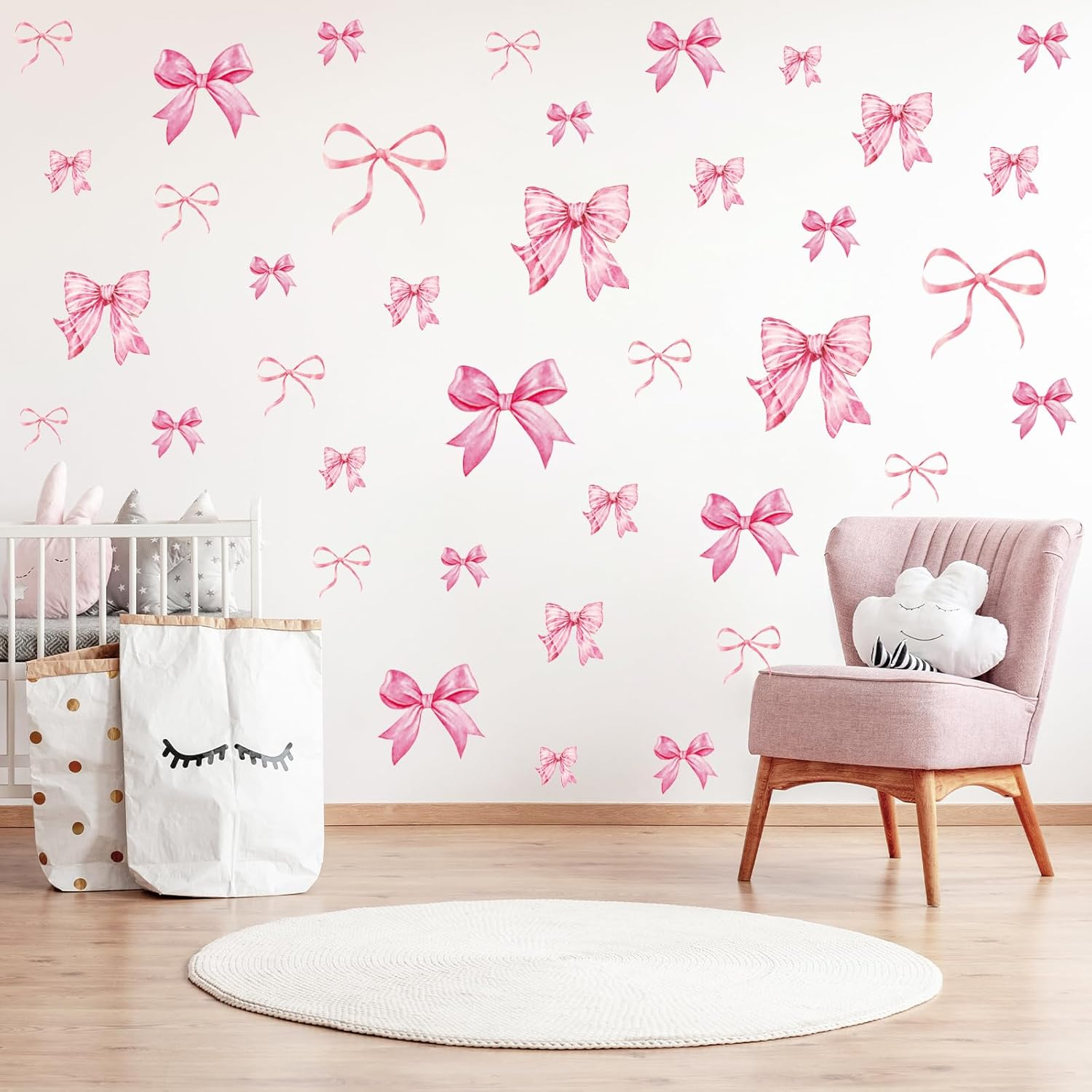 Whaline 12 Sheets Trendy Pink Bow Wall Stickers Light Pink Bow Knot Wall Decals Watercolor Room Mural Stickers for Valentine'S Day Girls Party Home Bedroom Nursery, 7.9 X 11.8 Inch