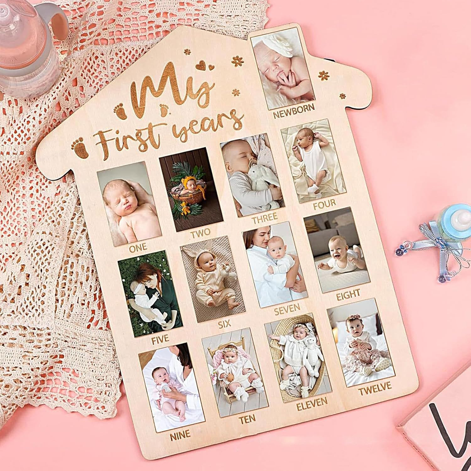 Newborn Frames - Wooden Monthly Garland First Birthday Timeline | Decorative Memory Banner with Clips for Baby Photo Showcase, Room Ornament, Mo image number 2