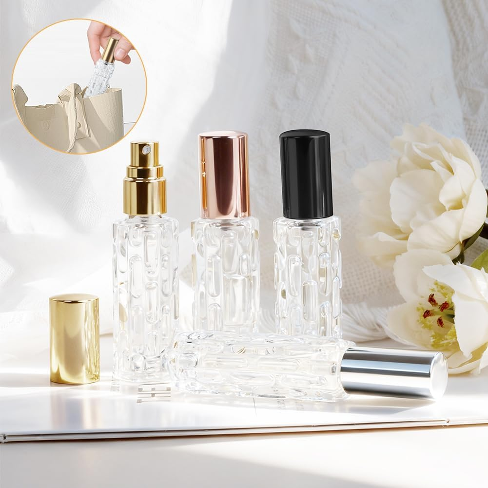 LOPHE Refillable Perfume Atomiser, 4 X 10 Ml, Travel Perfume Atomiser, Mini Perfume for Travel, Bottler, Perfume Bottle, Empty Gifts for Men and Women (Black + Silver + Gold + Rose Gold)