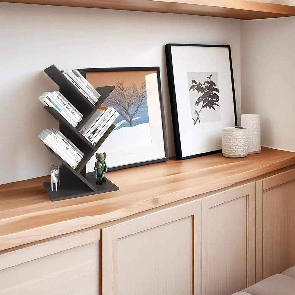 5-Tier Wood Bookshelf Tree Bookcase for Displaying Books, Cds, Magazines and More, Display Floor Standing Shelf for Books, Book Organizer Shelves at Home Office, Living Room, Bedroom, Black image number 1