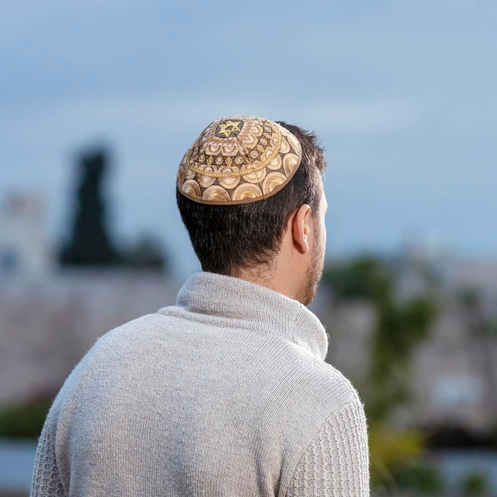 Kippah Yarmulkes & Yemenite Hat - Yair Emanuel Judaica Embroidered Kippah Magen David Rainbow Gold (Bundle) image number 1