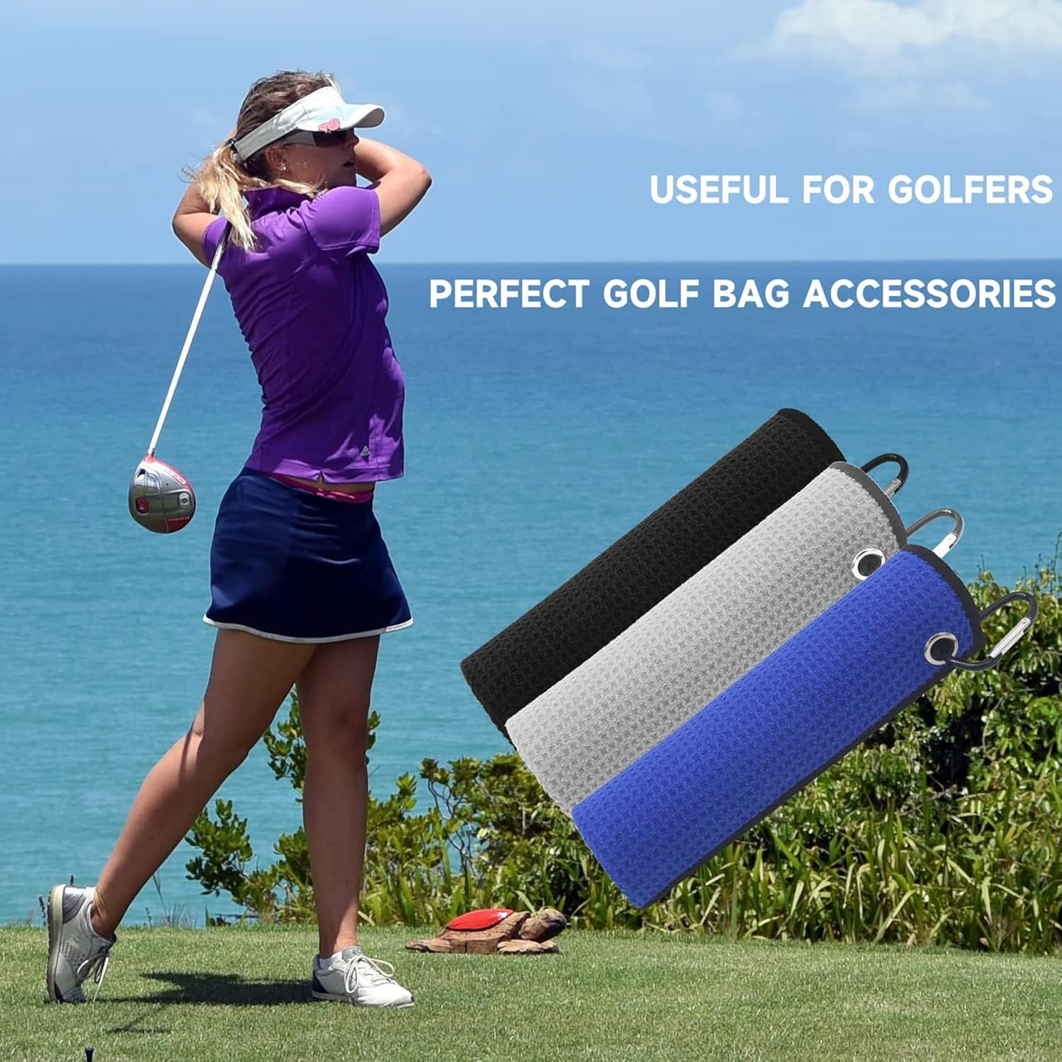 3 Pack 11.8"X11.8" Microfiber Golf Towels with Carabiner Clip, Quick-Dry Absorbent Golf Bag Accessories for Men (Gray, Blue, Black) image number 3