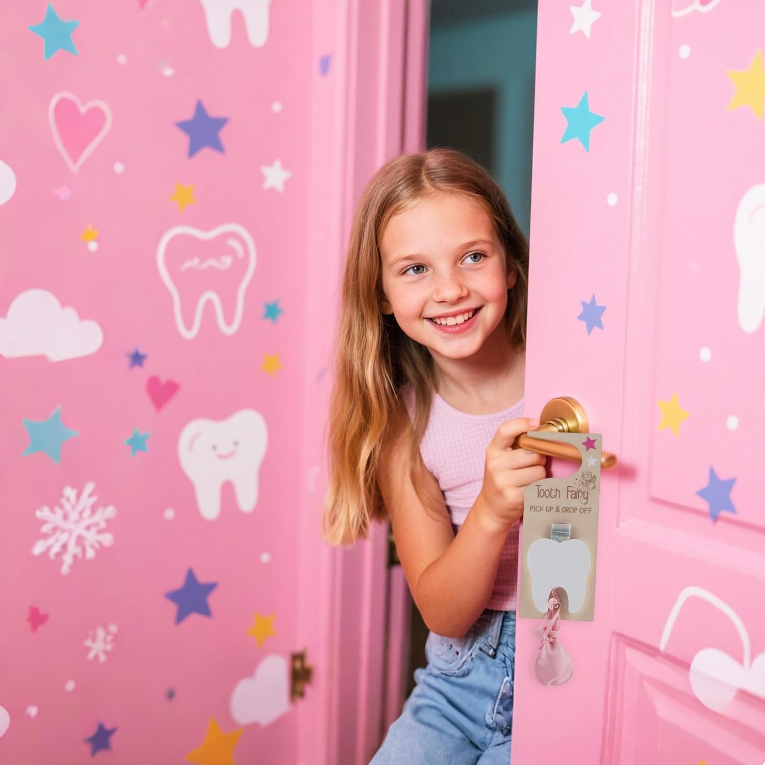 2 Set Tooth Fairy Door Hanger with Slot, Wooden Tooth Door Holder with Bag & Glass Bottle for Kids Room Decor Encourage Gift (Pink & Blue) image number 5