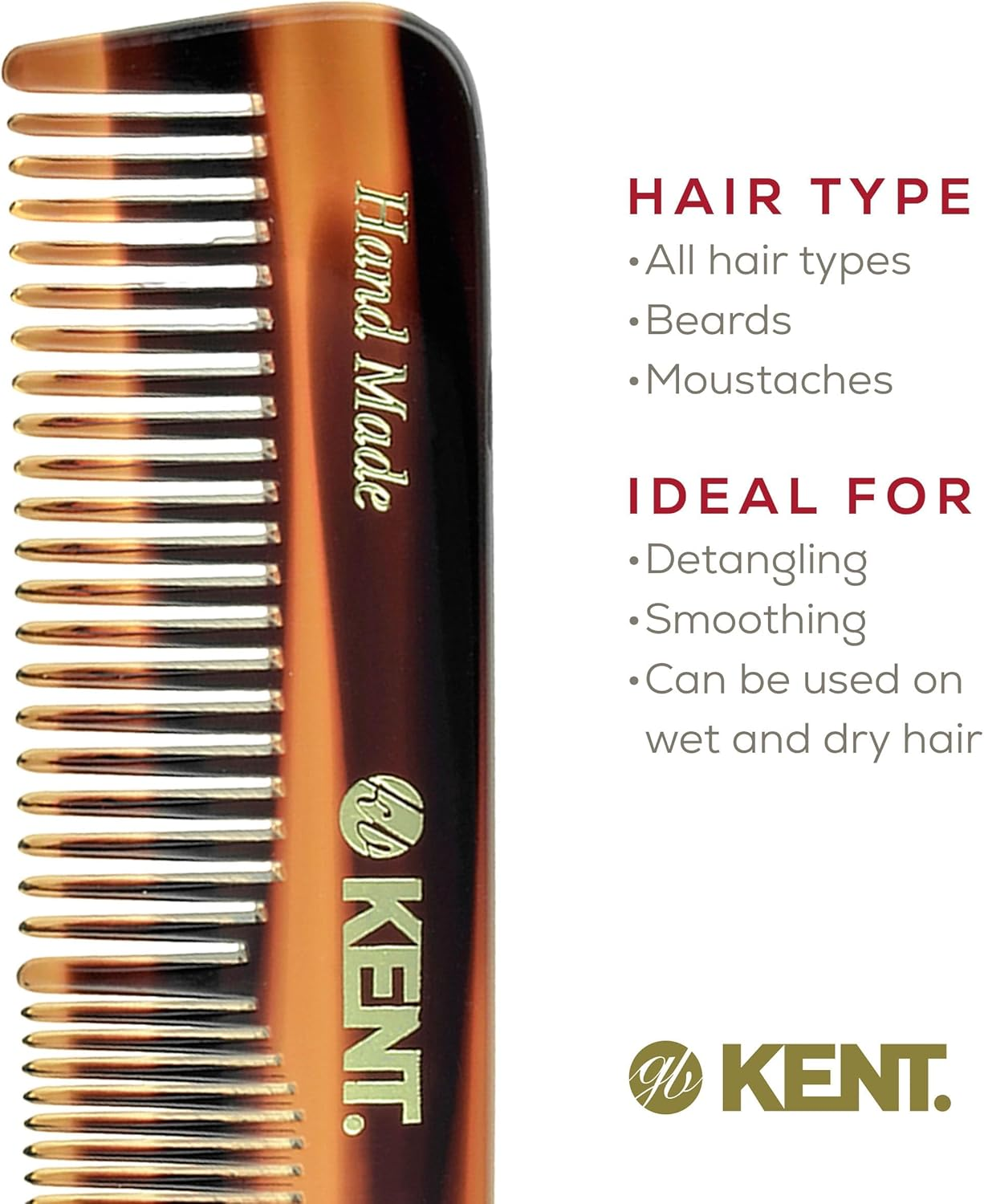 Kent a OT Small Double Tooth Comb, Coarse/Fine Grooming Comb for Hair, Beard, Mustache, Men, Women and Kids. Saw Cut Hand Polished, Handmade in England