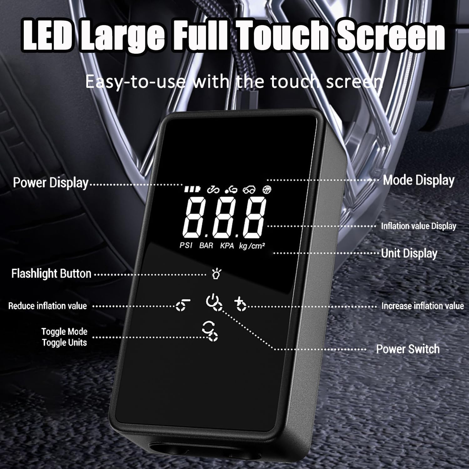 Portable Digital Tyre Inflator, 6000Mah Cordless Air Compressor, 150PSI, LED Light image number 3