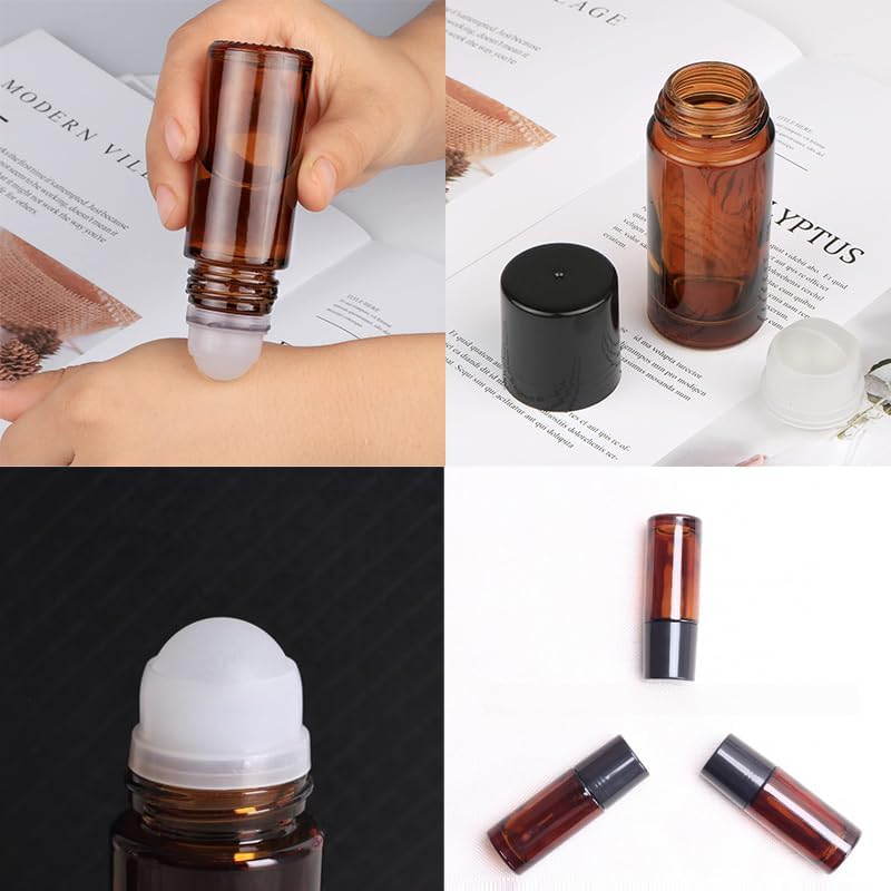 Mashano 4 Piece Empty 30Ml Amber Glass Essential Oil Bottles with Tumblers - Refillable Leak Proof Empty Thick Amber Glass Bottles