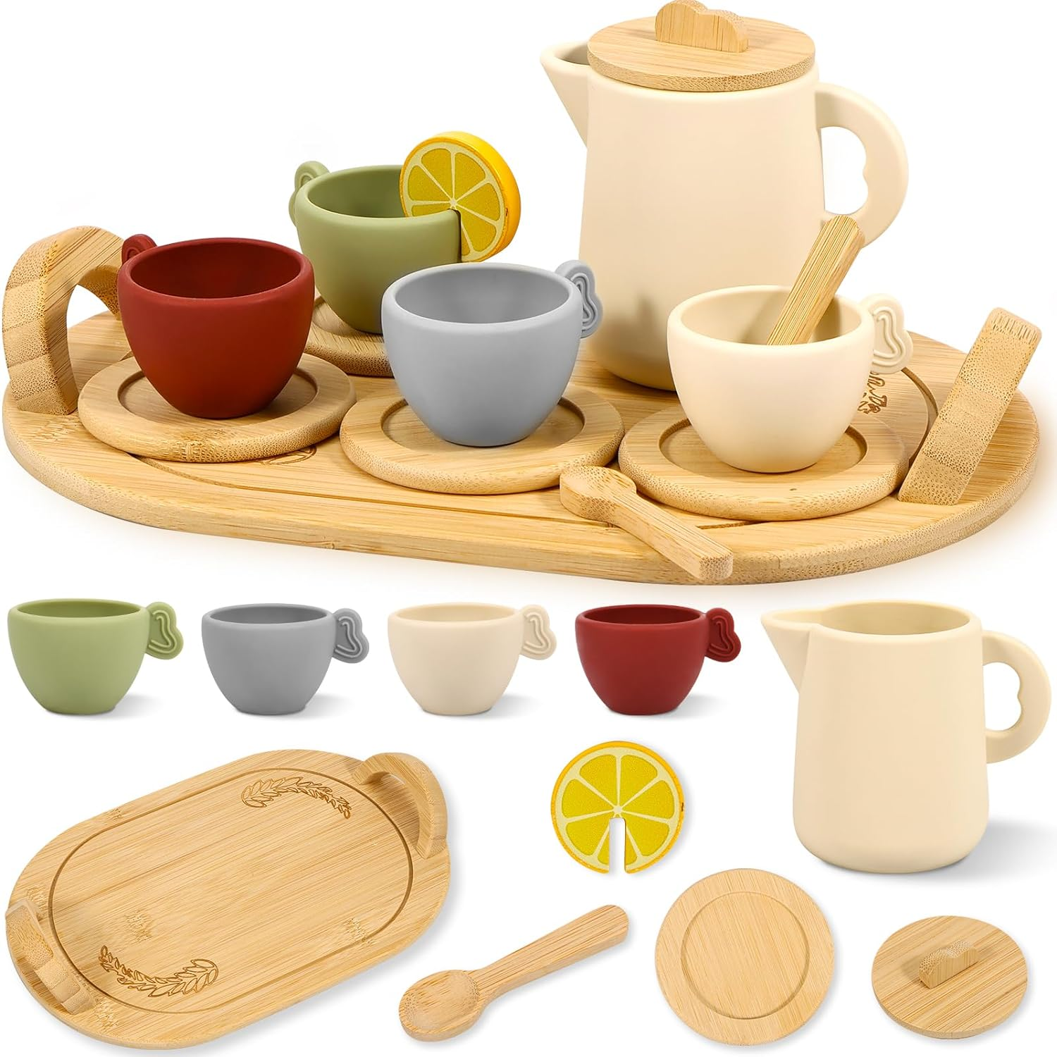 Wooden Tea Set for Little Girls, 14Pcs Tea Party Set for Kids, Simulation Afternoon Tea Kit, Interactive Children Early Education Toys for Girls Birthday Gift (Wood) image number 1