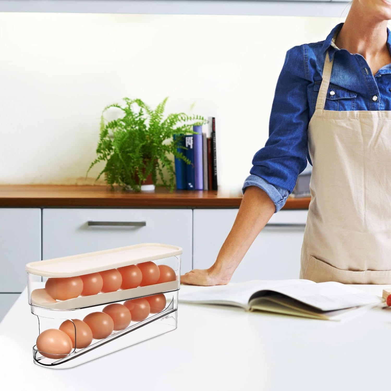 GAROZATION Egg Container Roller Dispenser with Lid Double Deck Refrigerator Door Shelf Storage Kitchen Egg Organizer Box for Home Food Storage image number 3