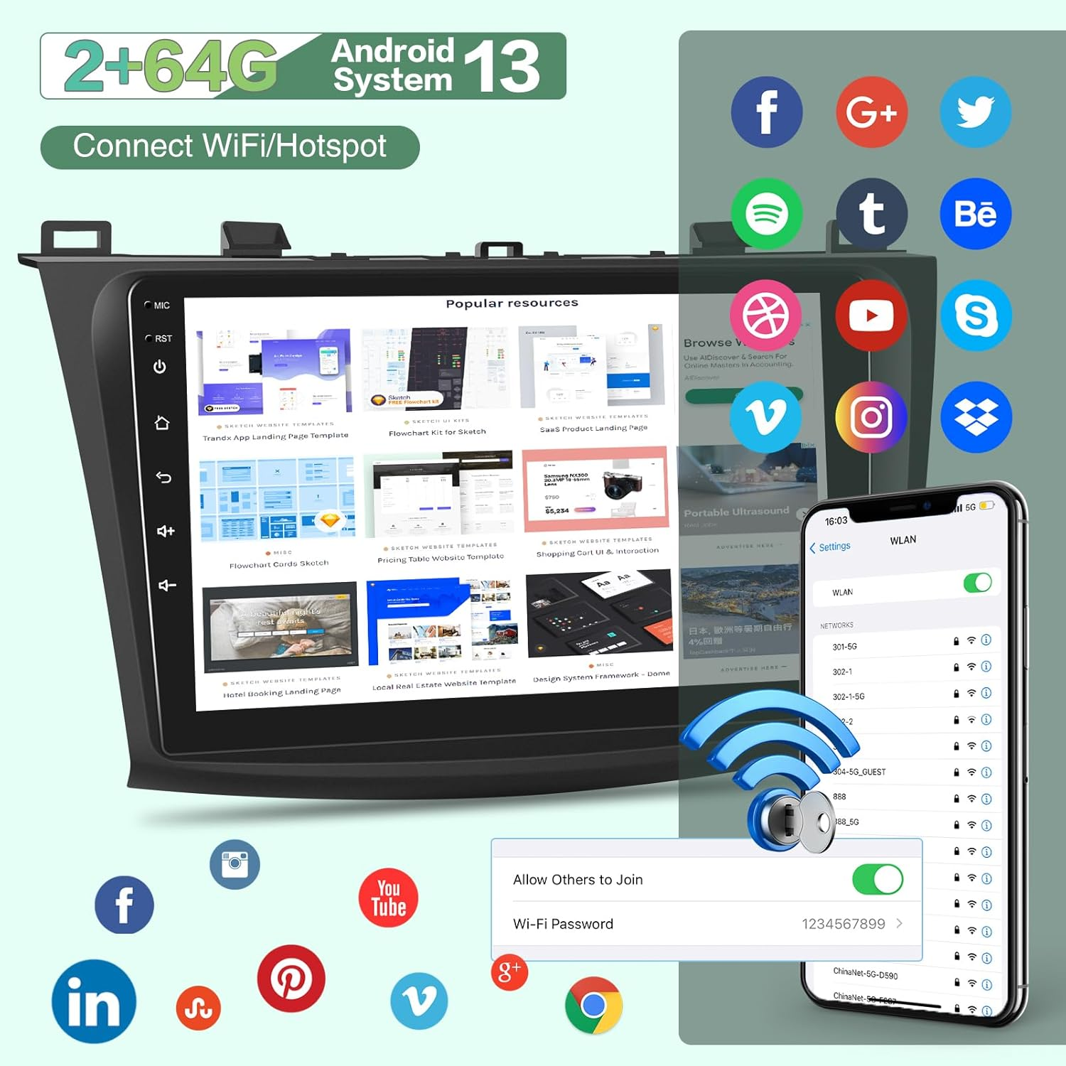 EKAT [2G+64G] Car Radio for Mazda 3 2009-2013, Android 13 Touch Screen Car Play Stereo, Carplay/Android Auto/Eq Audio/Swc/Bluetooth image number 1