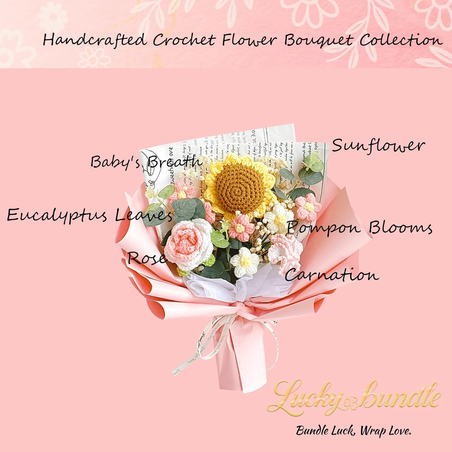 Luckybundle Crochet Flower Bouquet - Handmade Sunflower, Rose & Tulip with Baby'S Breath - Hypoallergenic Gift for Women, Mother'S Day, Get Well - Includes Gift Bag & Card - Pink image number 7