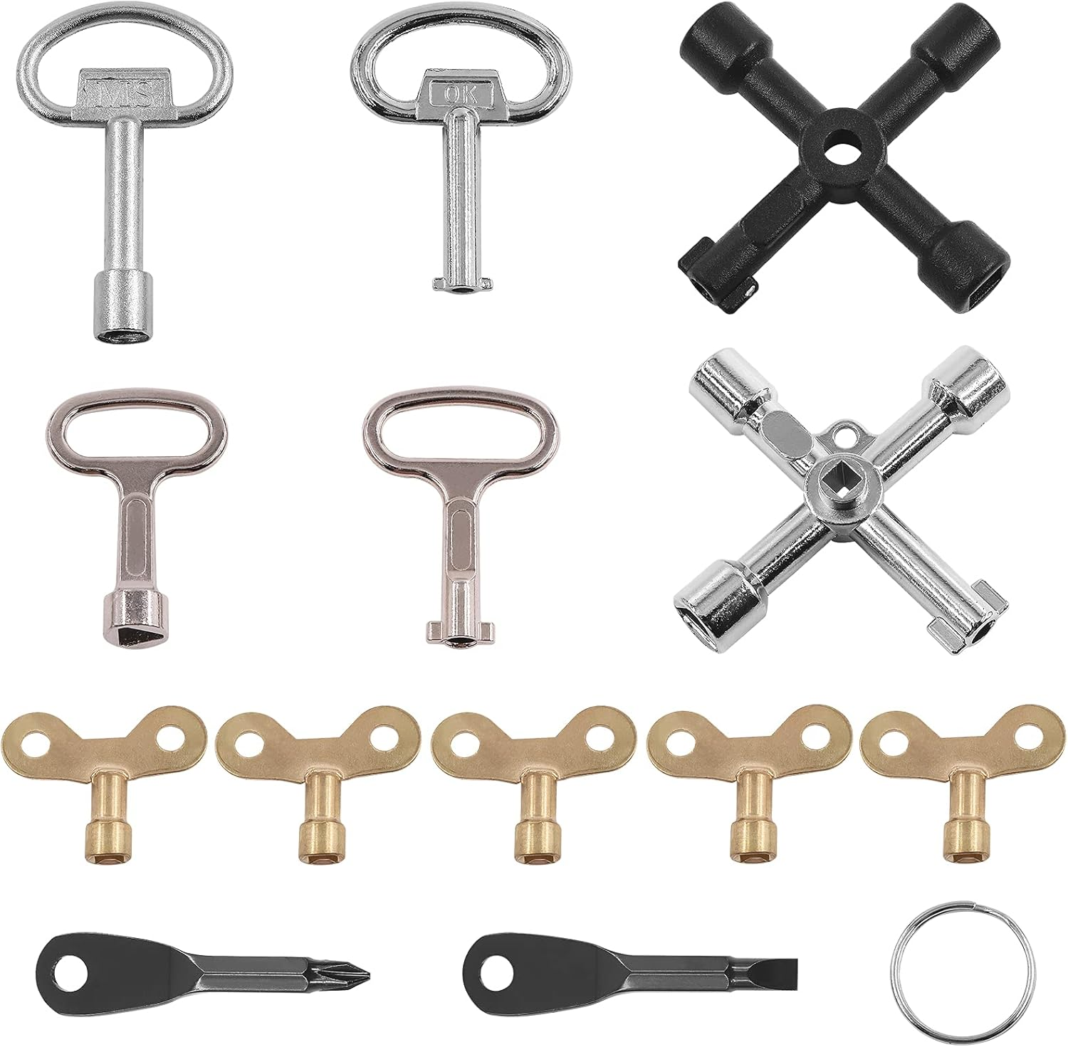 Cimeton 12Pcs Multi Functional Utility Tool Key Kit Including Two Types 4 Way Cross Keys, Two Keychain Screwdriver, Four round Triangle Electrical Spanner Key, Five Water Tap Faucet Keys and Key Ring image number 3