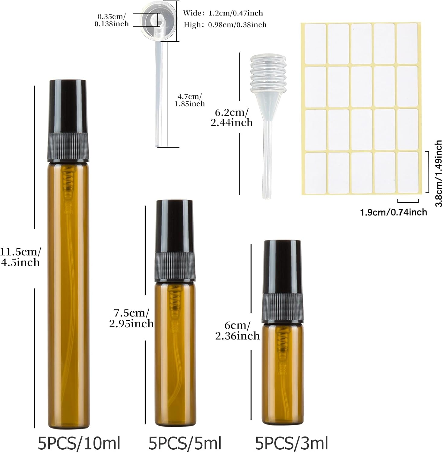 Pack of 15 Amber Perfume Atomisers Empty Spray Bottle Glass Small for Filling, Mini Pump Bags Perfume Bottle Refillable Perfume Samples for Travel 3 Ml/5 Ml/10 Ml with Pipettes Press Head image number 2