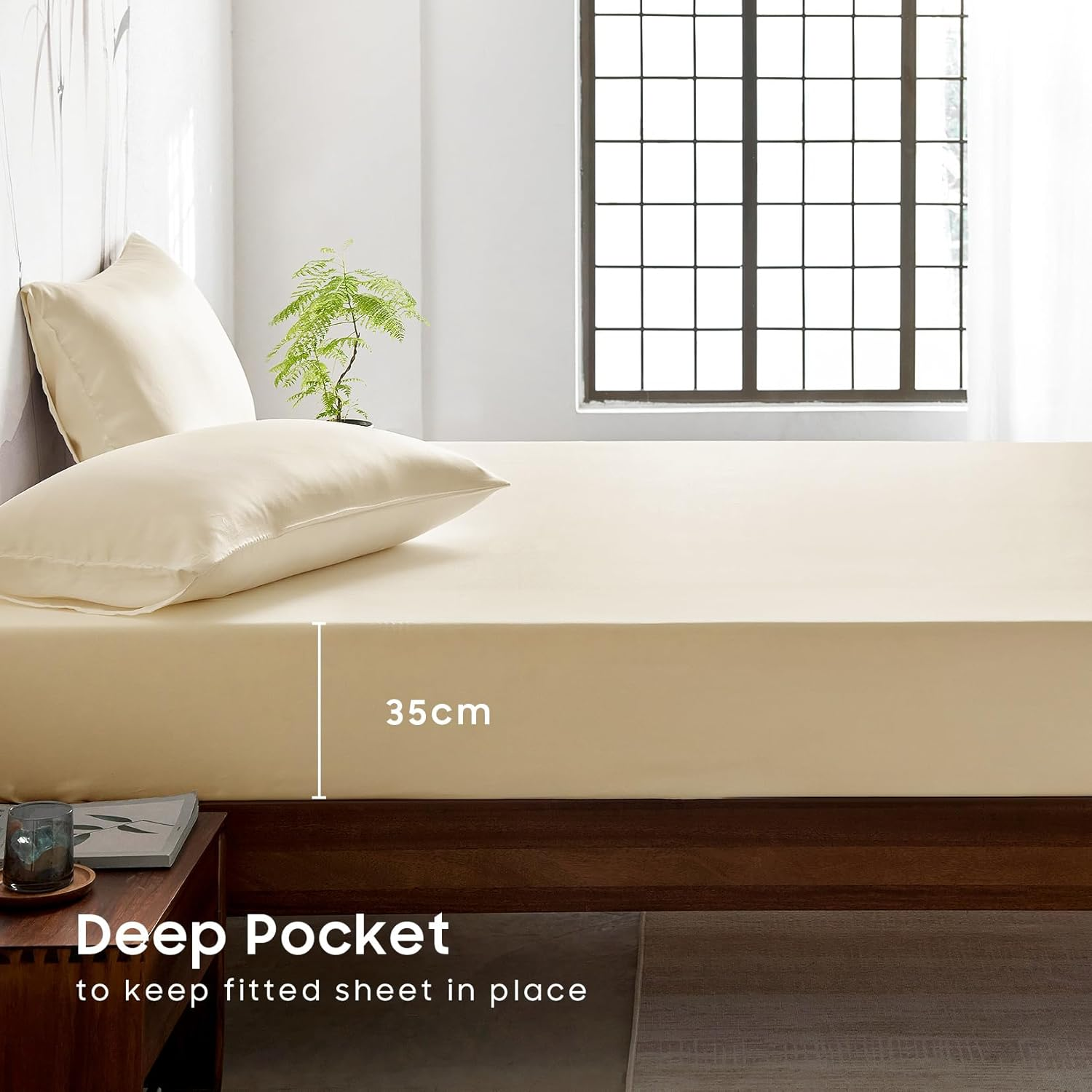 Wake in Cloud - 100% Bamboo Fitted Sheet Set, 3 Pieces, Cooling Breathable & Soft Bed Sheets, Hotel Luxury Silky Bedding, Extra Deep Fitted Sheet & 2 Pillowcases, Ivory, Queen Size image number 6