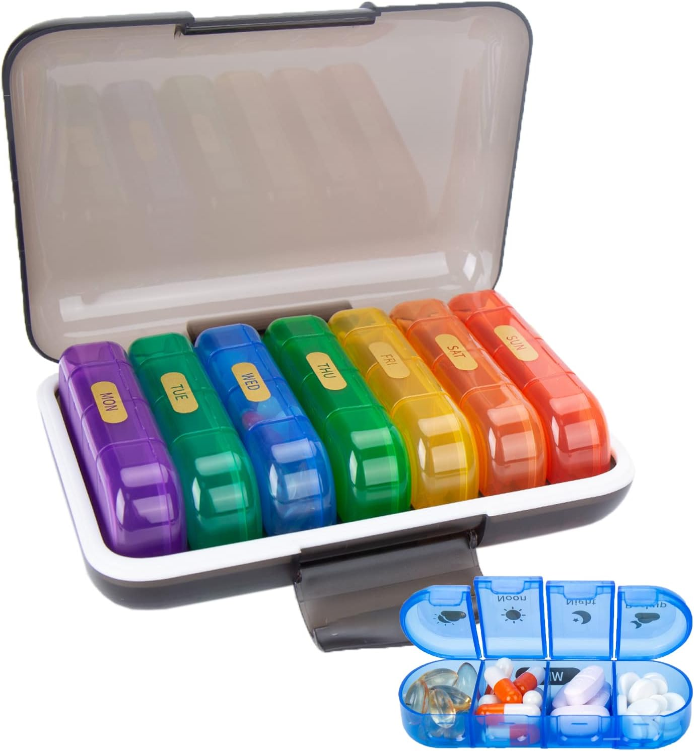 Pill Organizer 4 Times a Day,Pill Box,Medicine Organizer with Removable Days,Portable 7 Day Pill Case for Travel Pill Containers for Vitamins Fish Oils Supplements（Seven Colors+Black Shell）
