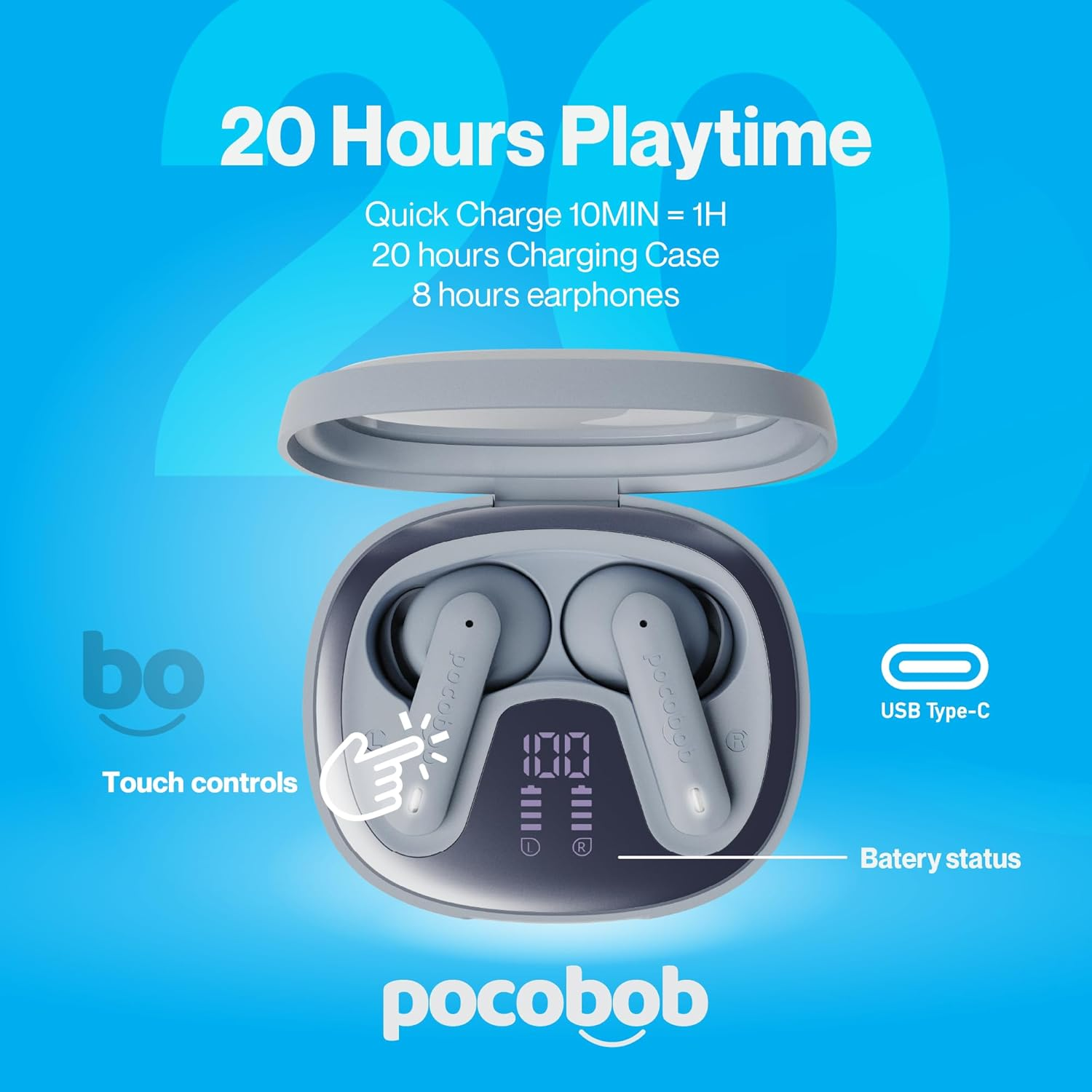 Pocobob 8 Bluetooth 5.3 In-Ear Headphones with Microphone, ENC, App Control, 32 Hours Battery, Touch, USB-C, IPX4 Water Protection, True Wireless Earbuds, Light Blue image number 1