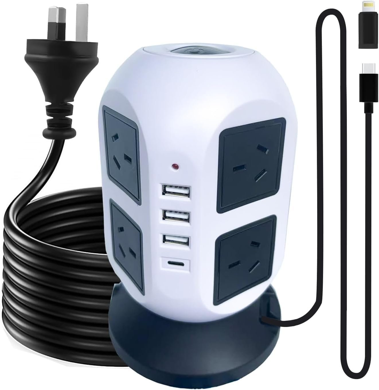 Tower Surge Protector Power Strip 10 Ft, Long Extension Cord with Multiple Outlets, 8 AC Outlets with 4 USB Ports (1 USB C), Charging Station Surge Protection, for Home Office Dorm (White)