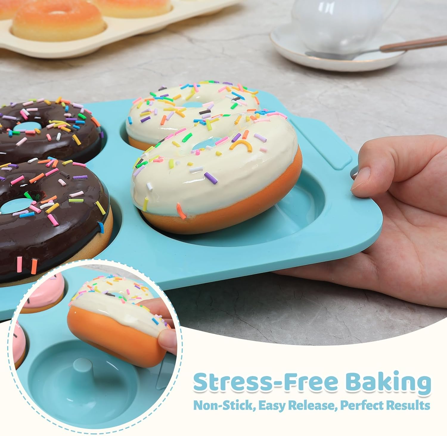 Nonstick Silicone Donut Pan: 3.5 Inch Large Donut Mold with Metal Frame - Bagel Doughnut Pan for Baking Gluten Free Glazed Vegan - for Oven Housewife Home Baker Baking Lovers (Green & Beige) image number 2