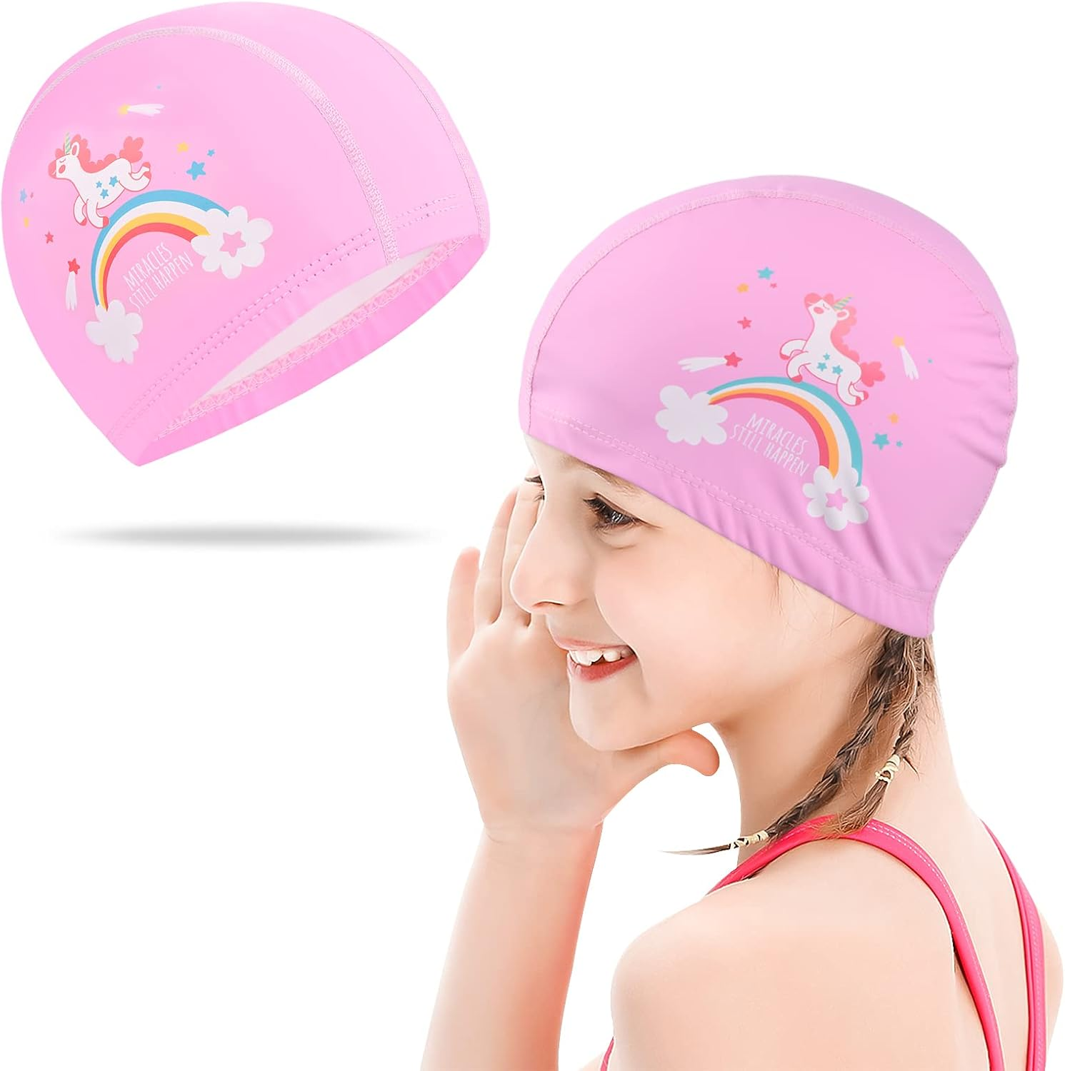 Kids Swim Cap, Waterproof Children Swimming Cap, Pu Coating, Cute Children Cartoon Swimming Hat Durable Bathing Caps, Stretchable and Comfortable Swimming Hats, for Boys Girls image number 2