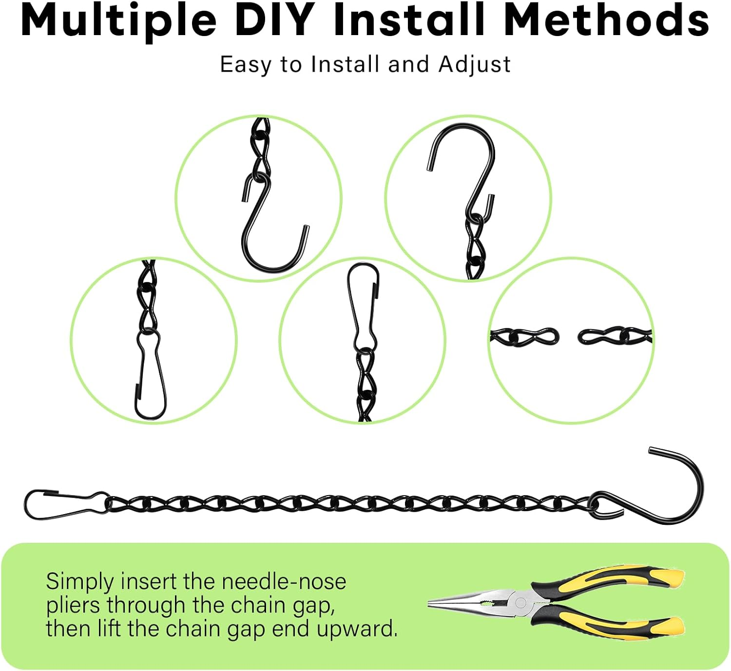 Upgraded 180&rdquo;Heavy Duty Metal Hanging Chains with Hanging Basket Hooks Set for Planters,Birdcage,Birds Feeder,Grow Lights,Lanterns,Billboards,Wind Chime and Ornaments,Chain Hooks Diy,Black image number 2