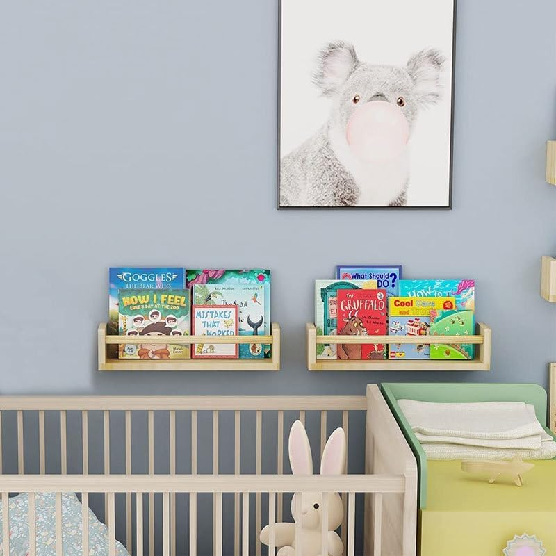 METOY 2Pcs Floating Wall Shelves, Naturel Wood Floating Wall Bookshelf Nursery Bookshelves for Bathroom Decor Kitchen Spice Rack Bookshelf Organizer image number 2