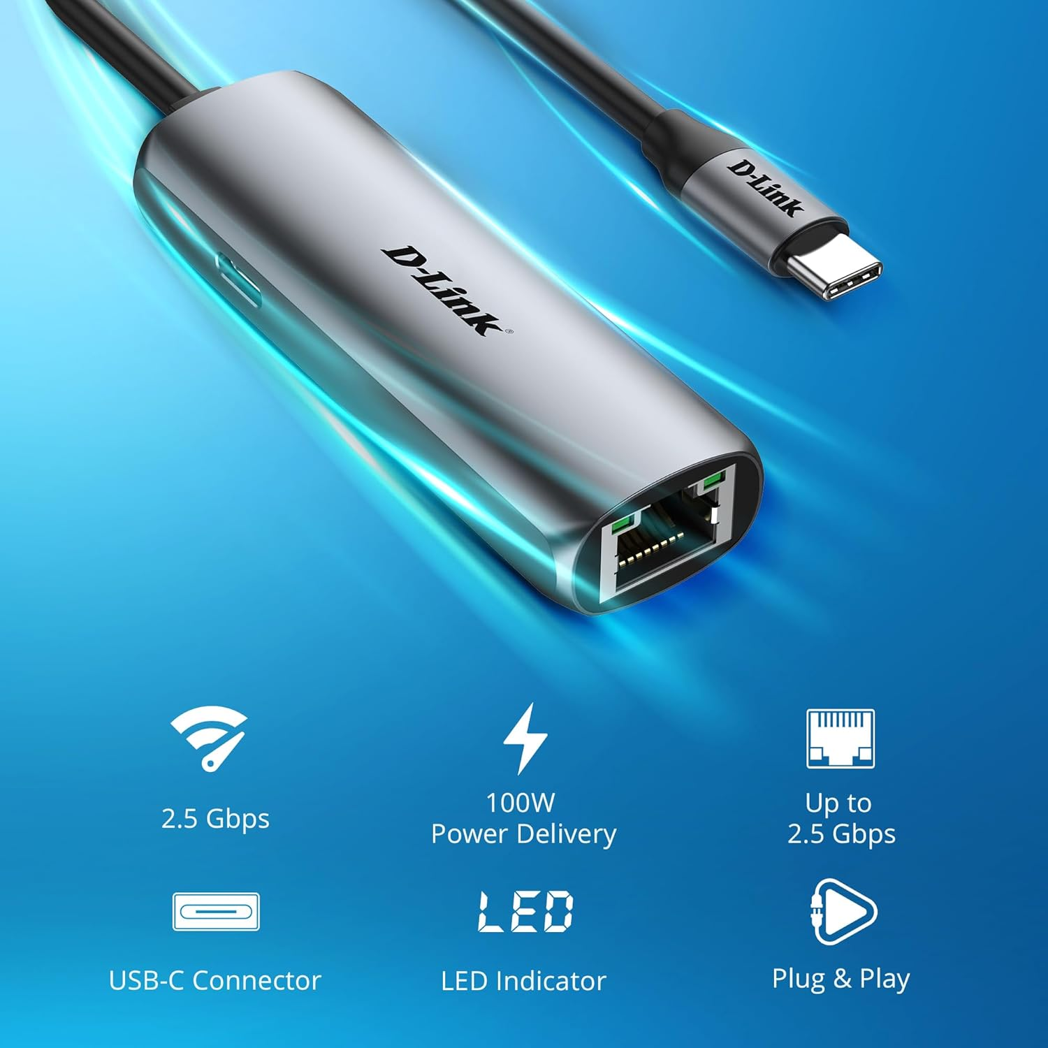 D-Link DUB-E255 USB-C to 2.5Gbps Ethernet Adapter &ndash; Thunderbolt 3/4 Compatible, Plug & Play Network Adapter for Mac, Windows, Ipados & Android &ndash; Supports Power Delivery 100W, Gigabit & USB-C Devices
