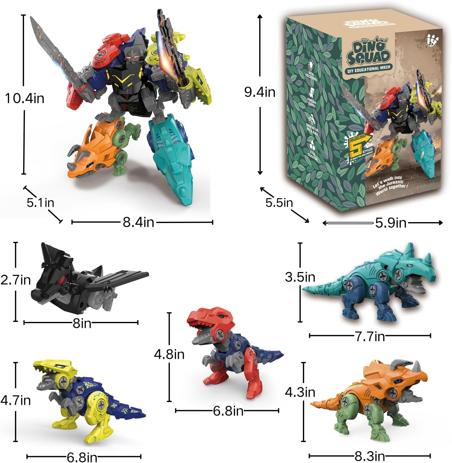 5-In-1 Dinosaur Robot Toys Set for Kids Ages 3-8 | Take Apart Construction Building Kit, DIY STEM Toy for Boys Gift Birthday, Christmas, Easter
