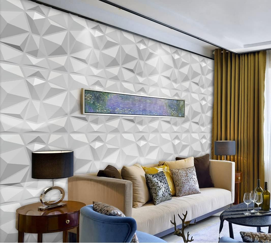 25Packs 3D Wall Panels Wall Tiles 3D White Diamond Textured PVC Wall Tiles Wallpaper for Gaming Room,Living Bedrooom Room,Washing Room,Kitchen Photography 11.8 * 11.8 Inch image number 2