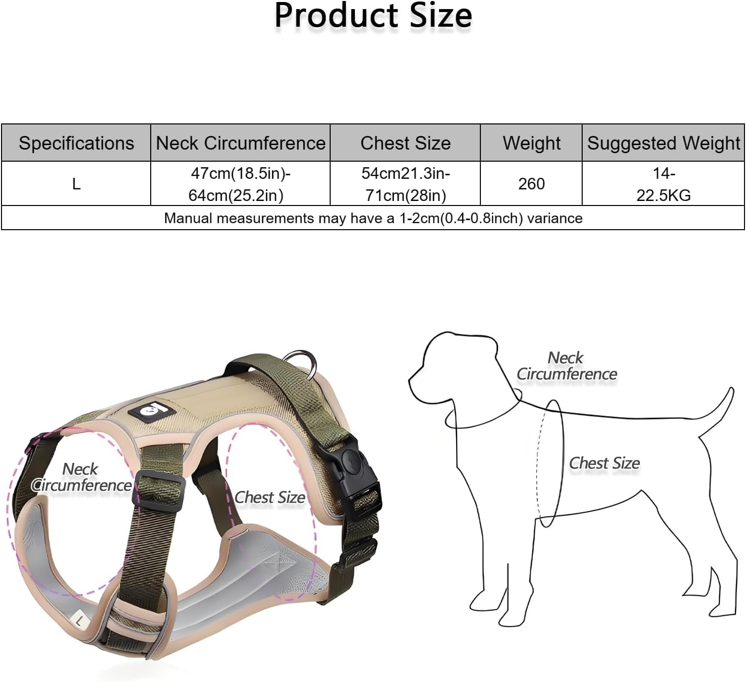 Checkzed Dog Harness for Large Dogs, Adjustable Dog Vest Style Pet Leash with Padded Handle, Reflective Strips for Large Dogs &ndash; Ideal Dog Walking Vest and Pet Outdoor Safety Gear (L, Khaki)