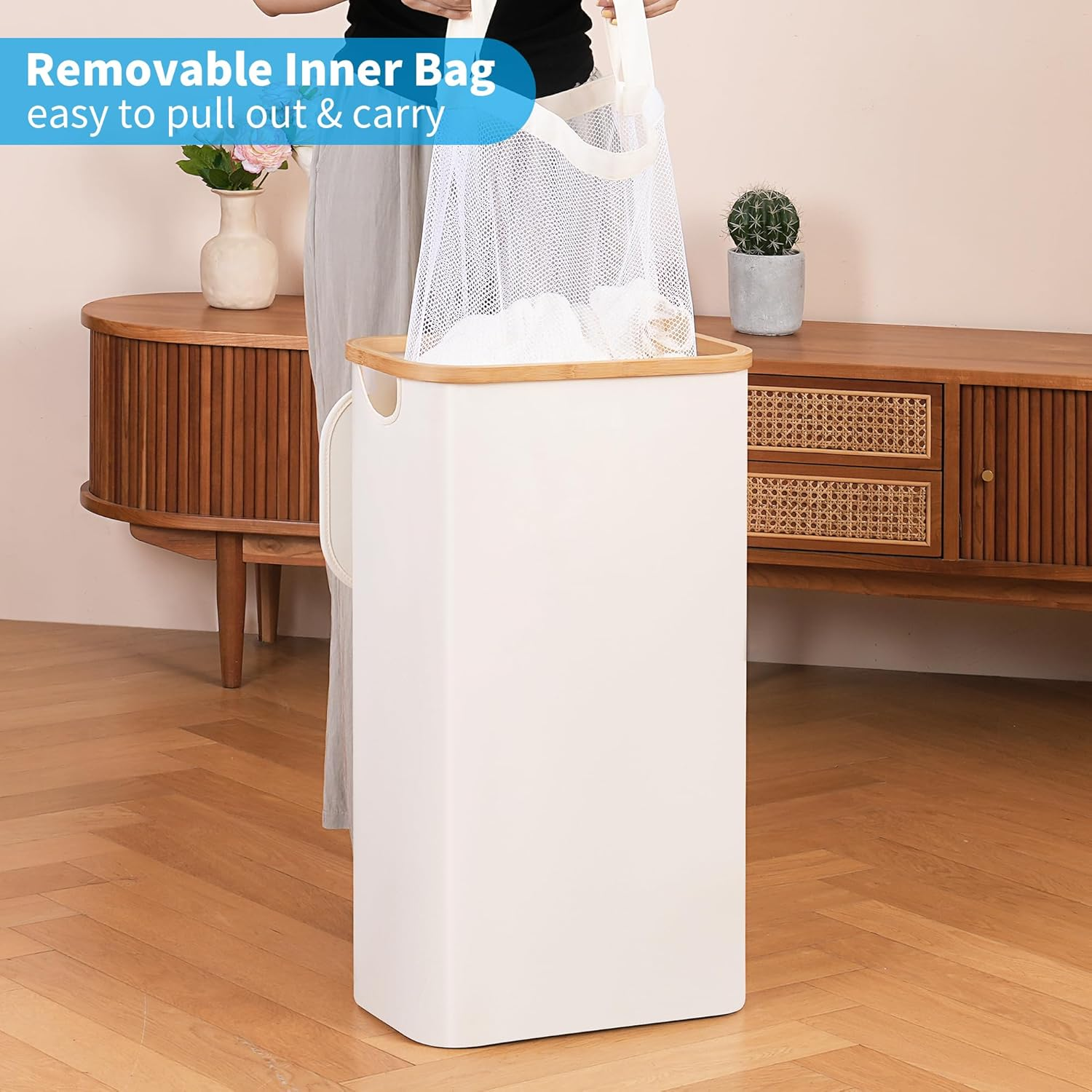 Efluky Slim Laundry Basket with Lid, Tall Narrow Washing Basket for Laundry, Folding Small Slimline Laundry Baskets for Dirty Clothes, 63L Cloth Storage Basket Beige