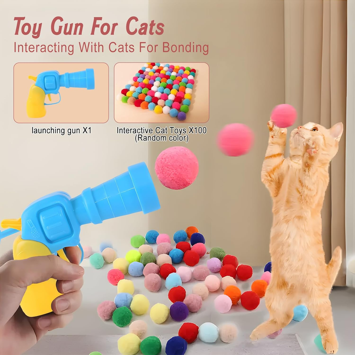 Oundarm 100PCS 1.2"/3Cm Cat Toy Balls and 1 Cat Ball Toy Launcher Colorful Cat Plush Ball Toy Interactive Cat Toy Plush Toy Balls for Cat image number 5