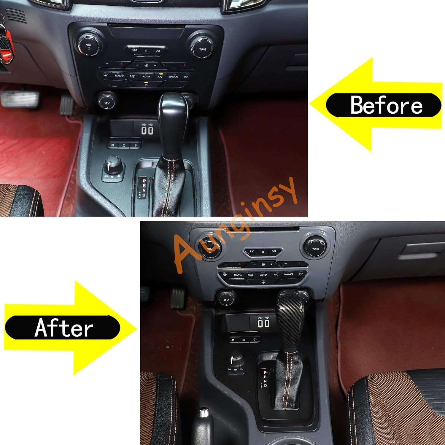 Car Shifter Gear Hand Brake Trim Cover Compatible with Ford Ranger 2015-2018 - Carbon Fiber Pattern image number 2