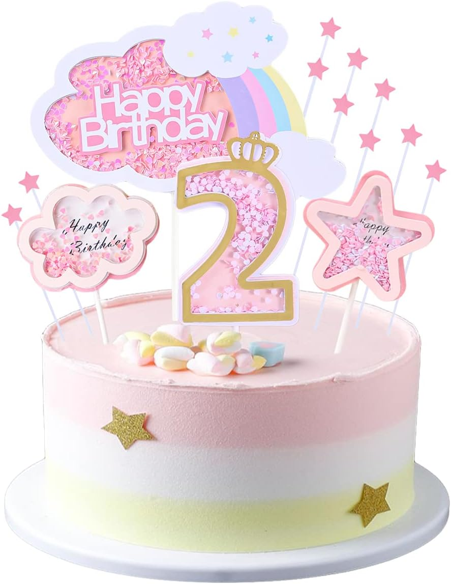 Kawailay Baby Girl 2Nd Birthday Cake Decoration Set Second Birthday Cake Topper with Rainbow Clouds Stars Cake Picks Two Year Old Cake Topper for Girls Birthday Party Supplies - Pink