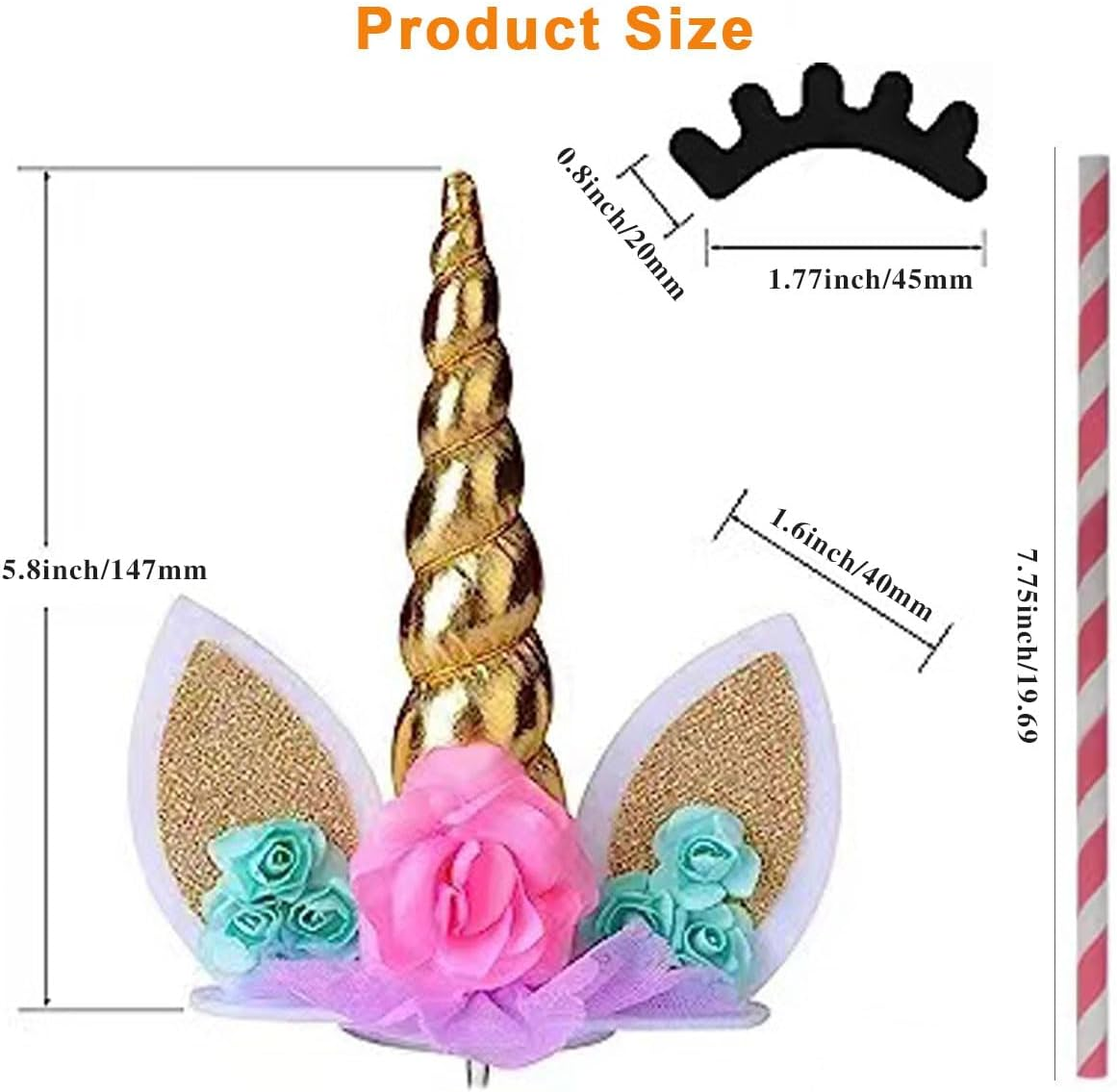 Unicorn Cake Topper, Handmade Gold Unicorn Birthday Cake Topper Decoration Supplies with Eyelashes and Stack for Birthday Party,Baby Shower, Wedding (Gold) image number 4
