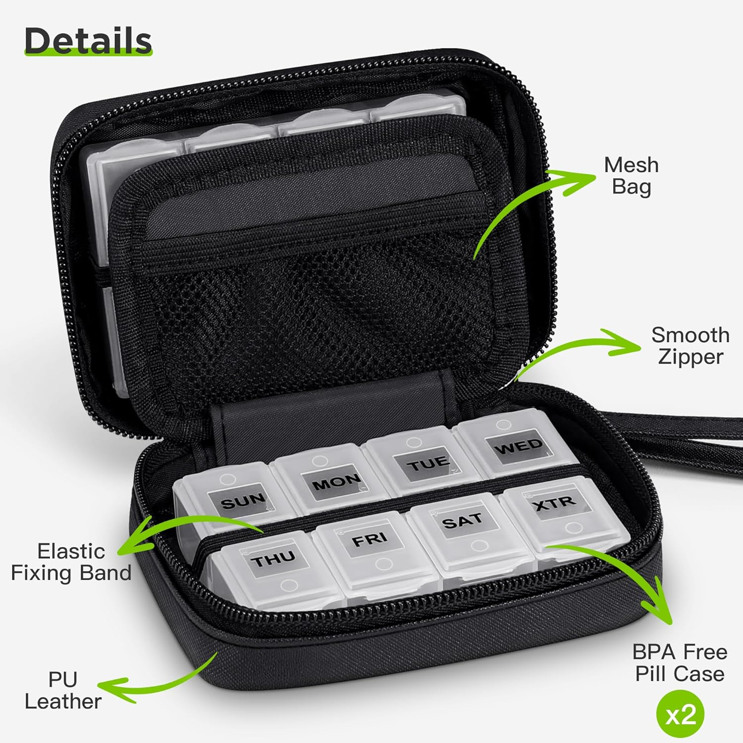 Zannaki Cute Pill Organizer for Purse with Two Removable 7-Day Pill Box, Travel PU Leather Pill Case, Portable Weekly Pill Container with Storage Bag to Hold Vitamins, Fish Oils, Supplements (Black) image number 4