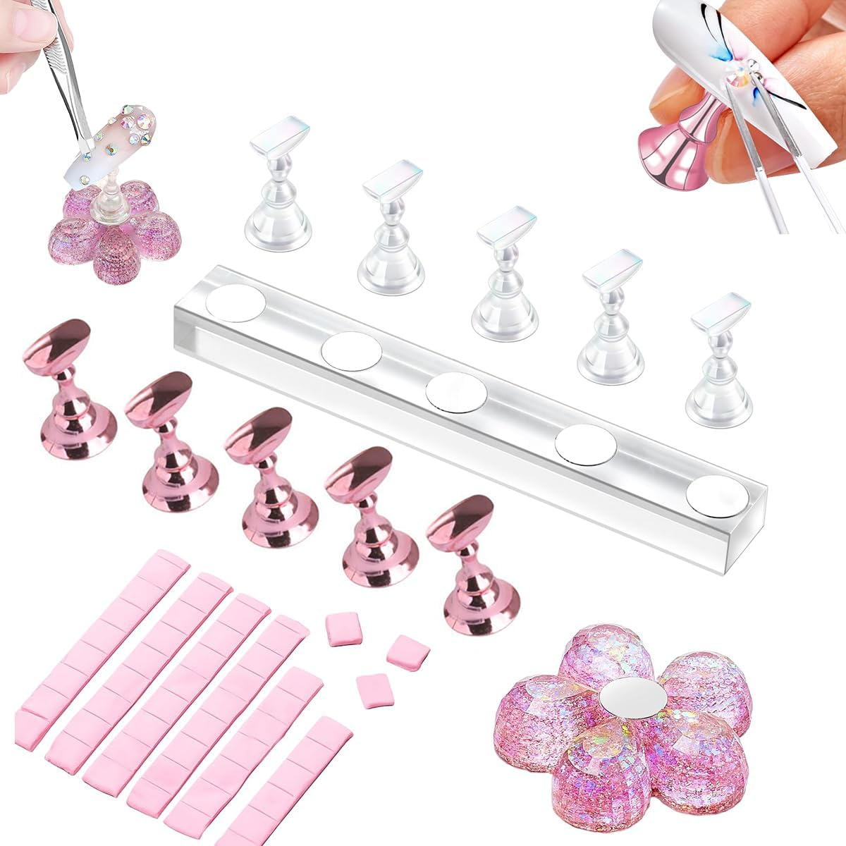 Ruayia 2 Sets Nail Stand on Nails Display, Acrylic Aurora Nail Stand, Pink Training Finger Display Stand, Press on Nails Display Stand, with 48 Pieces Adhesive Clay, Pink and Clear