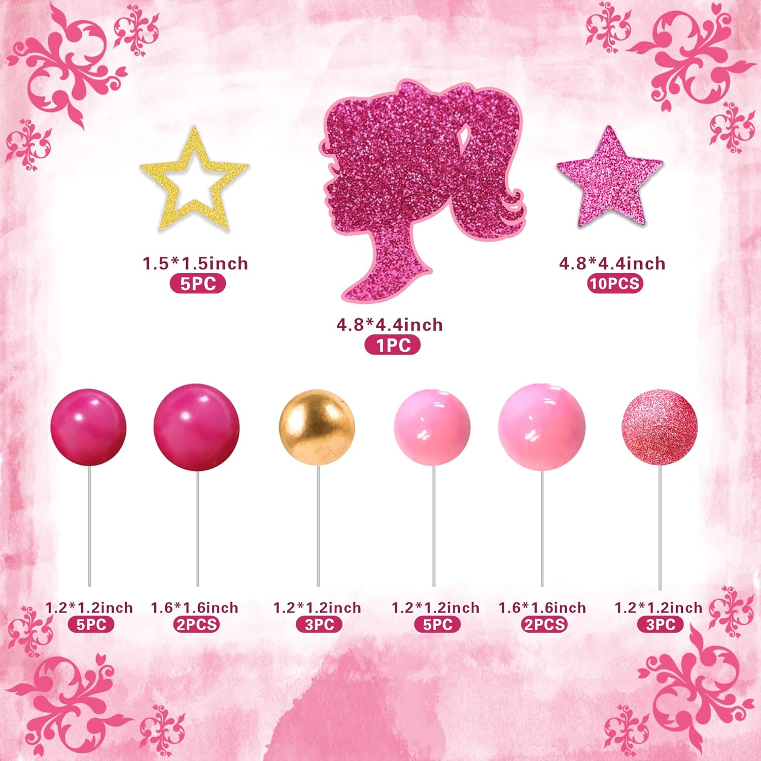 Hot Pink Girl Cake Topper Balls Cake Decorations with Shiny Stars for Wedding Baby Shower Birthday Supplies (Stars) image number 2