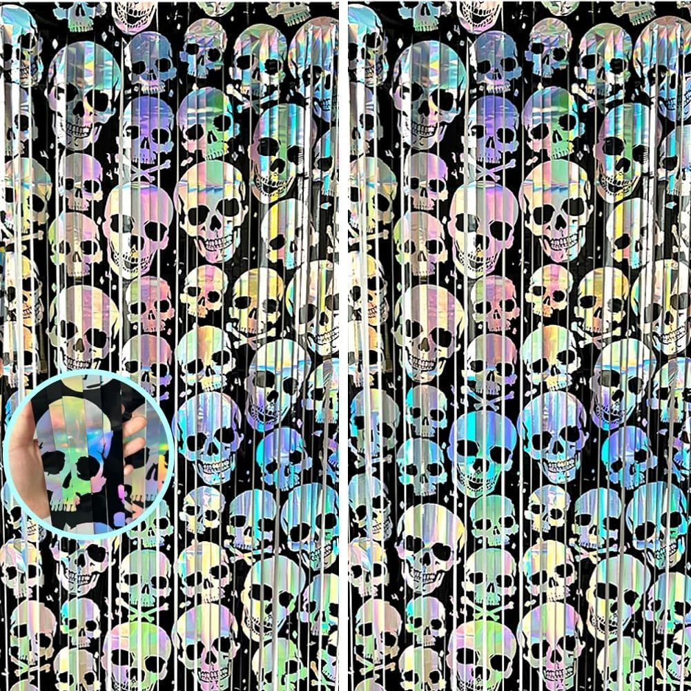 2 Pack 6.6Ft Halloween Foil Fringe Curtain, Holographic Skull Metallic Tinsel Streamer Spooky Party Photo Booth Props Backdrop for Wall Door Indoor Outdoor Decoration image number 6
