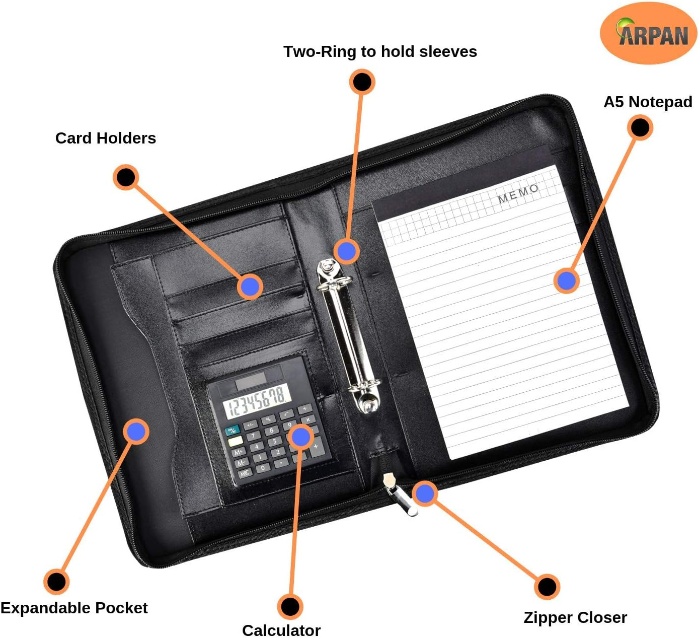 A5 Zipped Business Executive Conference Folder with Calculator & Pad Ring Binder Portfolio - Black Arpan image number 3