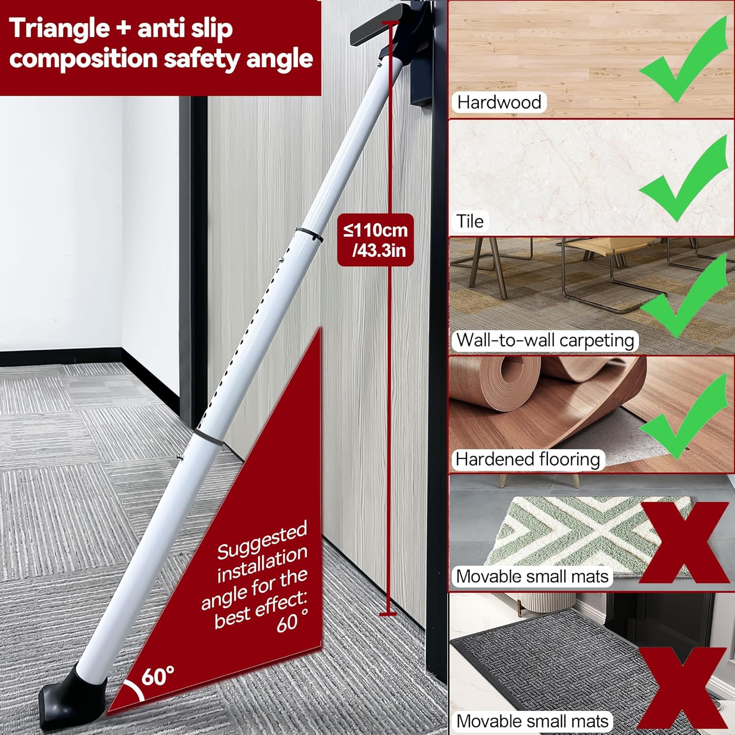 Acemining Upgraded Door & Sliding Door Security Bar Heavy Duty Door Stoppers Security Bar Adjustable Door Jammer Security Bar for Home, Apartment, Travel (2 Pack) image number 4