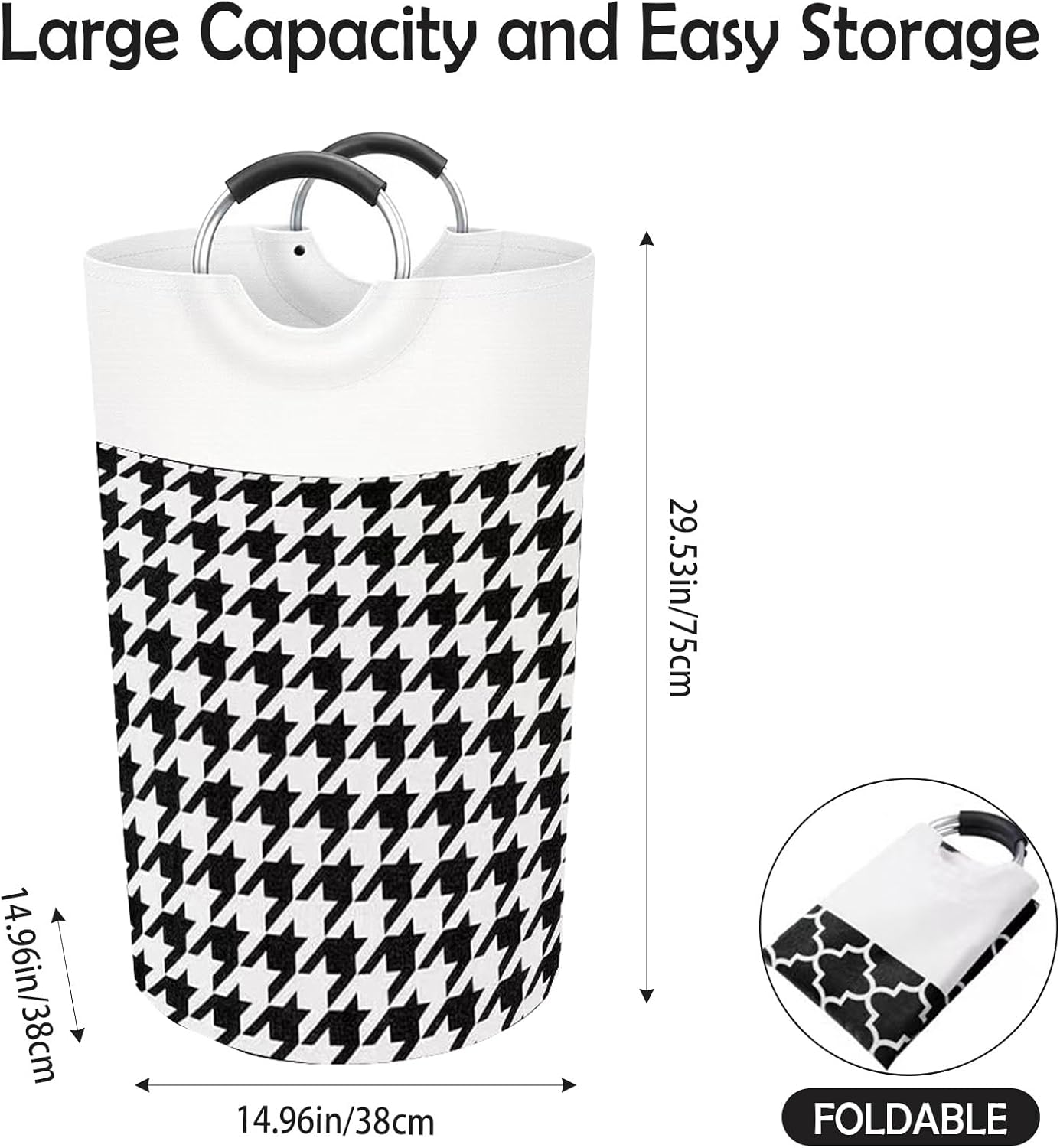 Large Laundry Basket, Collapsible Cotton Linen Hamper with Foam-Protected Aluminum Handles, for Clothes and Toys, Dorm and Home Use (Houndstooth Pattern) image number 1