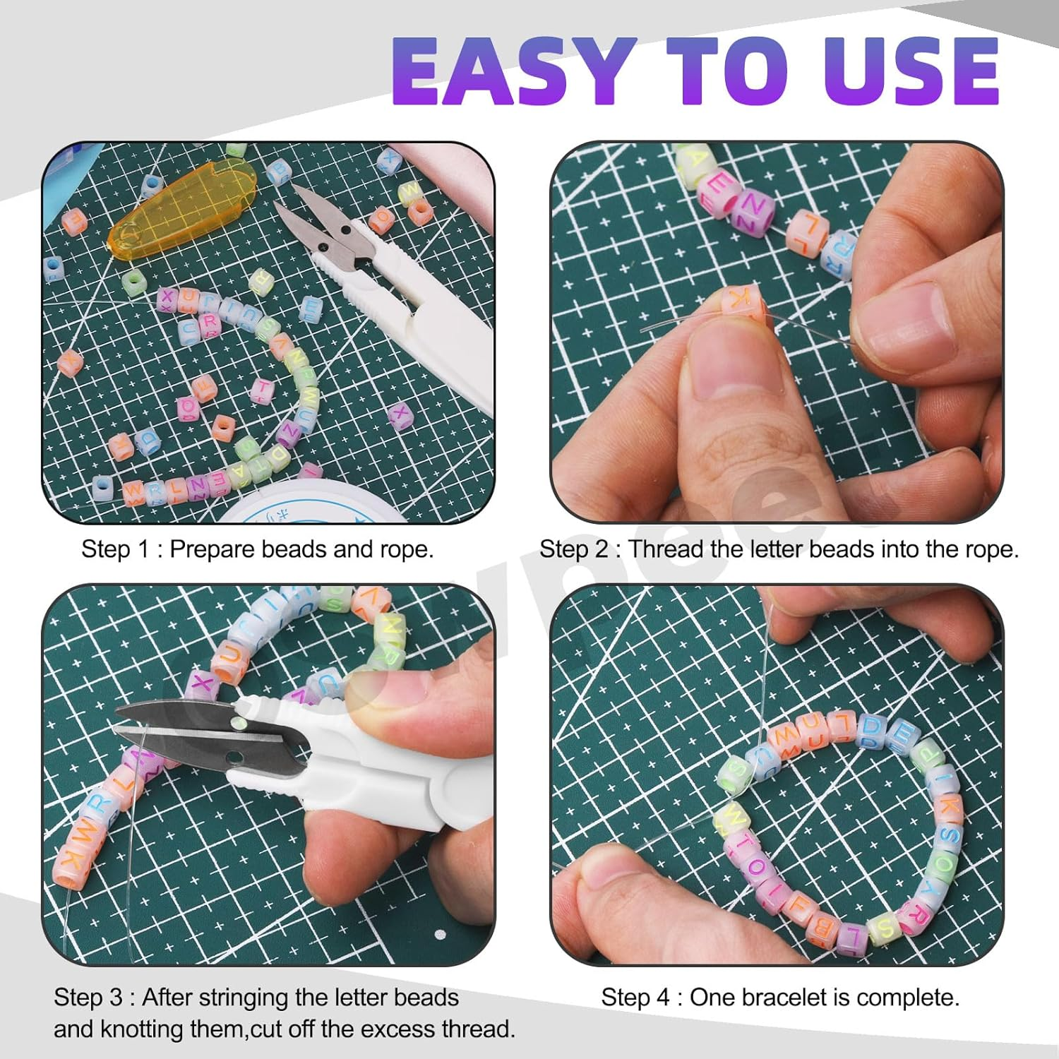 Swpeet 1002Pcs Glow Letter Beads A-Z Colorful Alphabet Beads with Stretch Bead Cord and Scissors, Glow in the Dark Cube Beads for Jewelry Making DIY Bracelets, Necklaces, Keychain image number 1