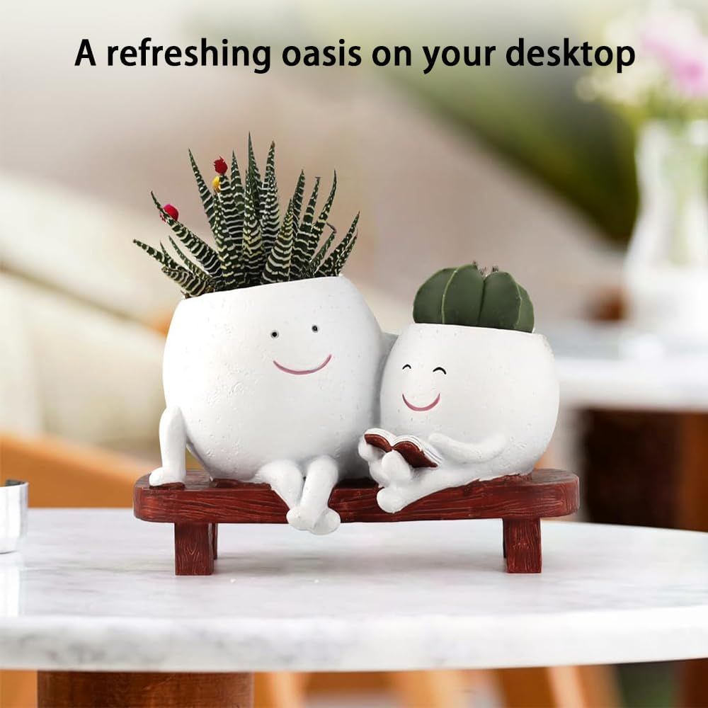 TOMVAES Plant Pots for Succulent Planter,Decorative Double Smiley Face Indoor Plant Pots,Resin Flowerpot,Bonsai Pot Desktop Ornament,Desk Decor Succulent Pot for Patio,Yard,Living Room (White) image number 3