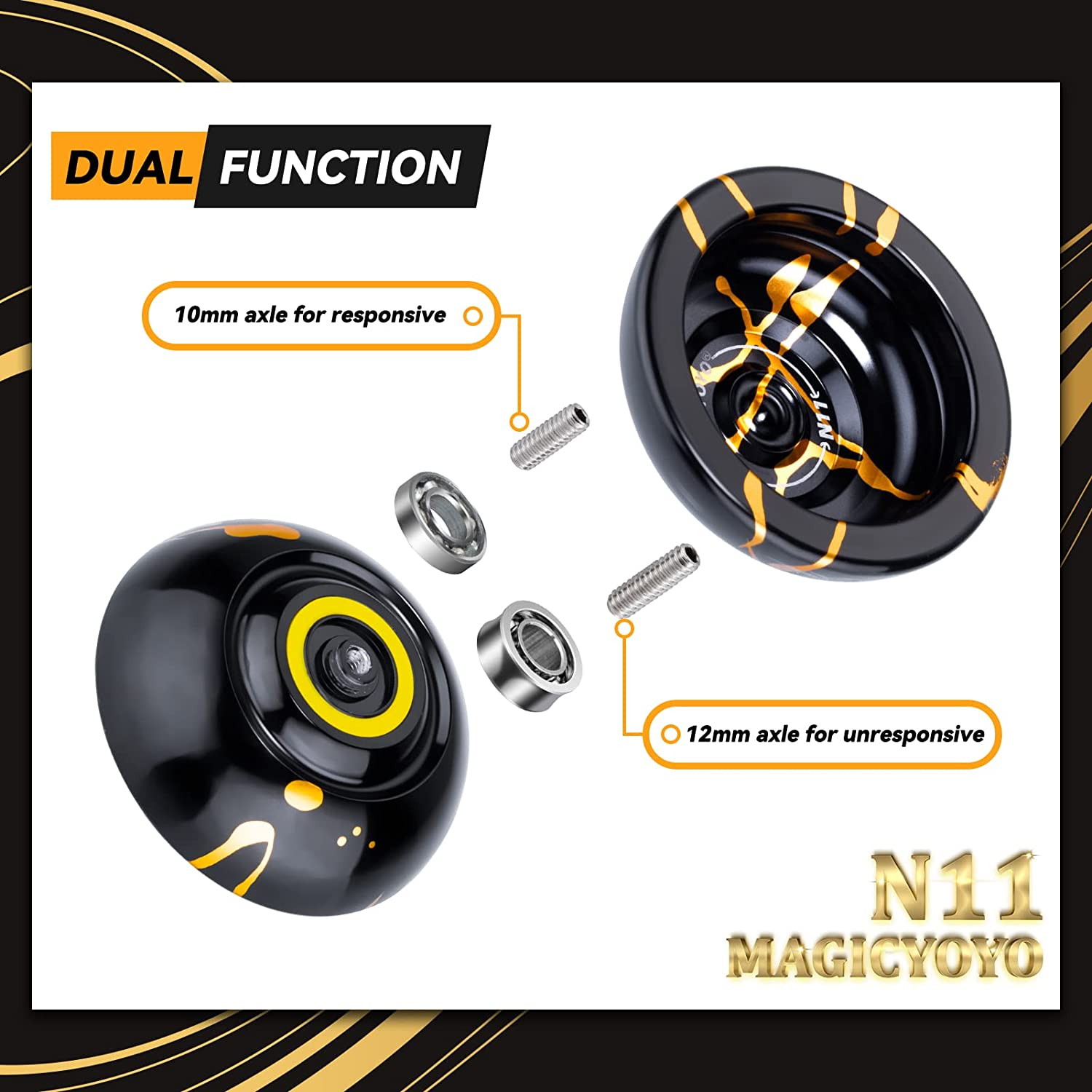 MAGICYOYO N11 Professional Unresponsive Yoyo N11 Alloy Aluminum Yoyo Ball (Black with Golden) with Bag, Glove, 12 Yoyo Strings and Responsive Yoyo Bearing Kit for Dual Purpose Use image number 3