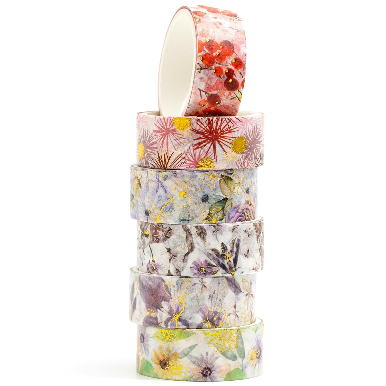 YUBBAEX 6 Rolls Floral Gold Washi Tape Set Silver Foil Masking Tape Decorative for Arts, DIY Crafts, Bullet Journal Supplies, Planners, Scrapbook, Card/Gift Wrapping (Botanical Whisper)