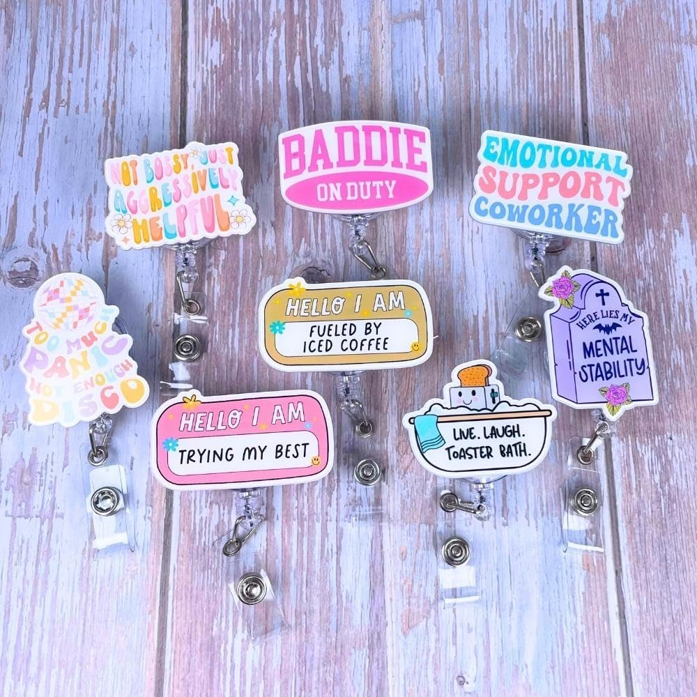 YJ PREMIUMS 8 PC Funny Badge Holder Retractable Cute Badges Reels ID Clip for Nurse Nursing Nurses Doctor Student Teacher Healthcare Medical Work Office Employee Coworker Bulk Gifts image number 1