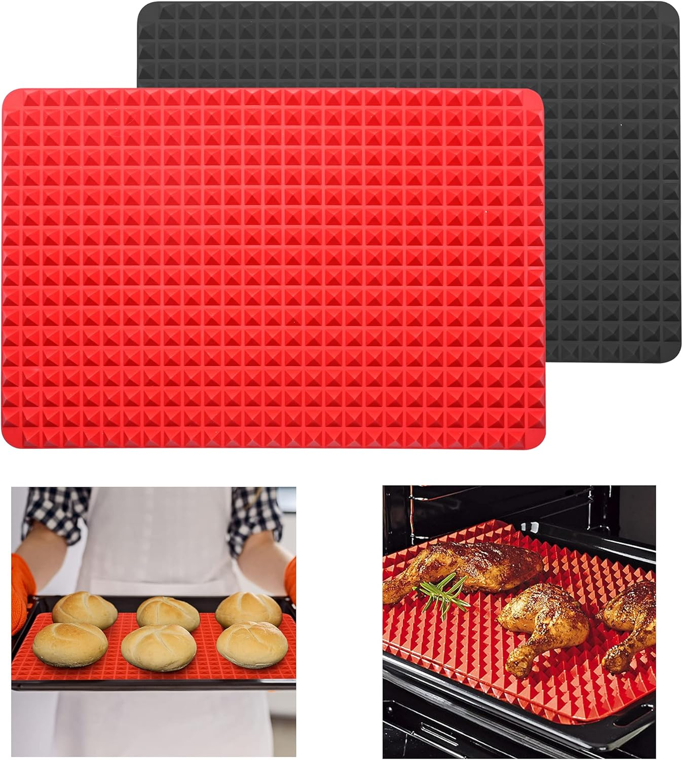 2Pcs Diamond Chef Silicone Mat Baking Pan, 15.3 X 10.6Inch Multifunctional Outdoor BBQ Pyramid Mat Mat Tray Mould Sheets Fat Reducing Cooking Heat ​Resistant Non-Slip Reusable Bakeware ​Baking Mats