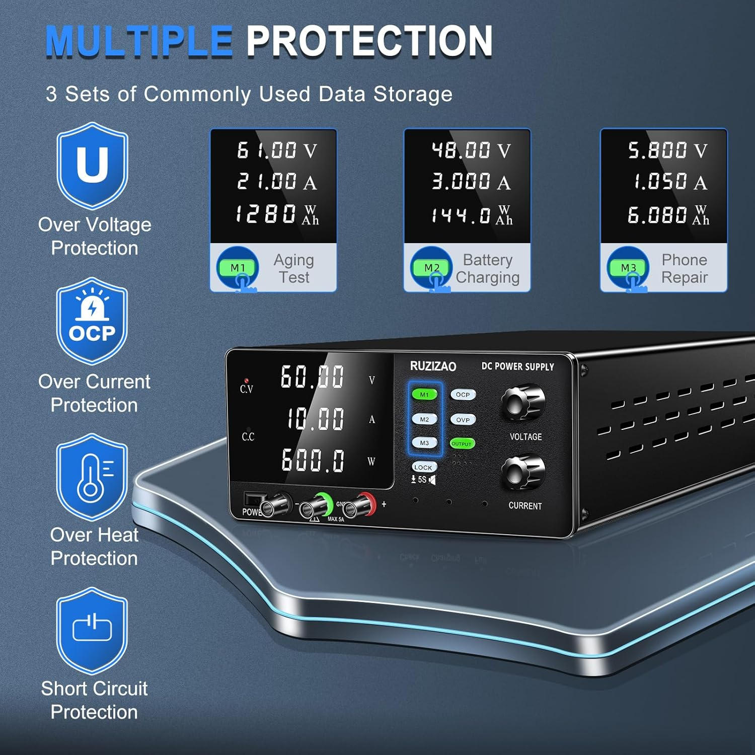 RUZIZAO DC Power Supply, 60V 10A 600W, High Power Adjustable Switching Regulated Benchtop DC Bench Power Supply, 3 Storage Modes, OCP/OVP Protection, Output/Lock Button, Encoder Knob image number 3