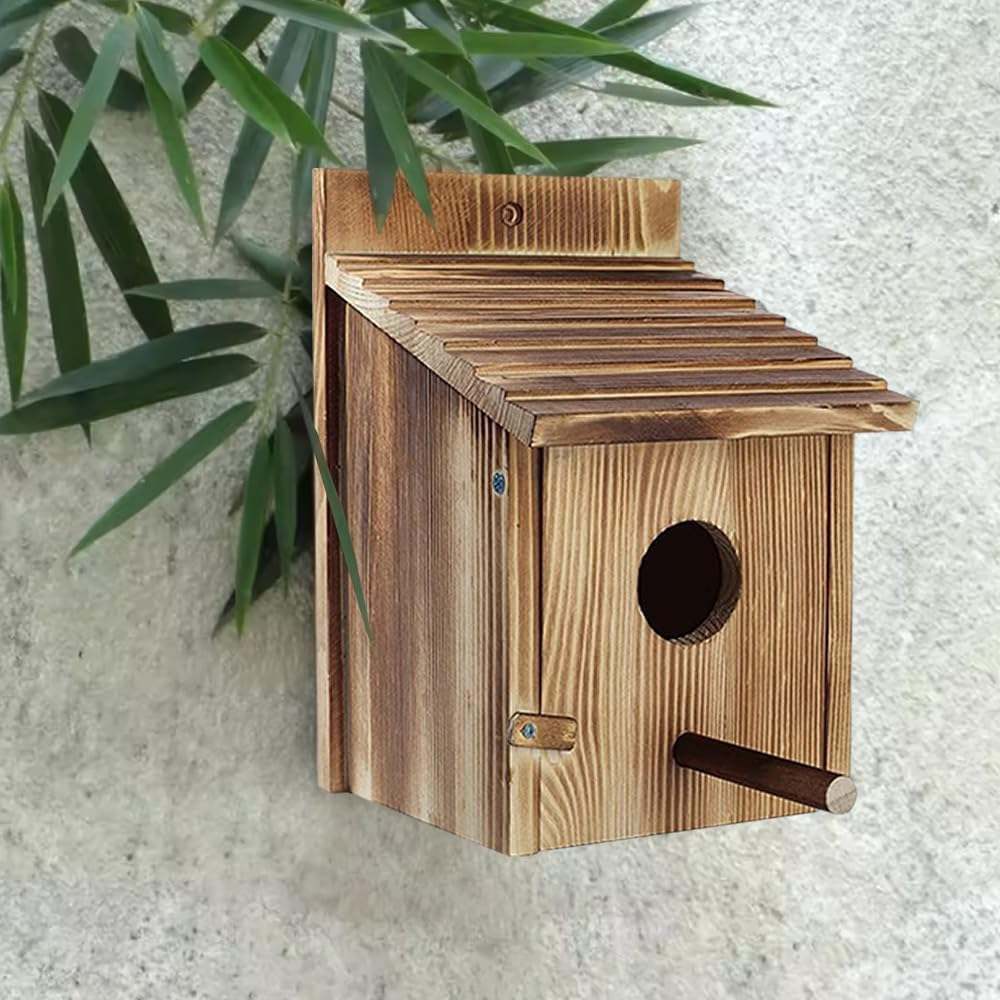Safe Wooden Little Animal Fossa, Hanging Nest, Sparrow Lair Box with Pole, Outdoors Hoisting Garden Patio Decorative for Swallow Hummingbird Finch Throstle image number 3
