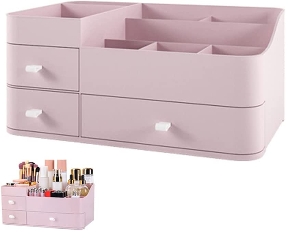 FOREVERIE Makeup Organisers Drawers, Plastic Cosmetic Case Storage, 3 Tier Desk Organiser Display, Jewellery Organiser Box for Bathroom, Bedroom and Home Office, Pink