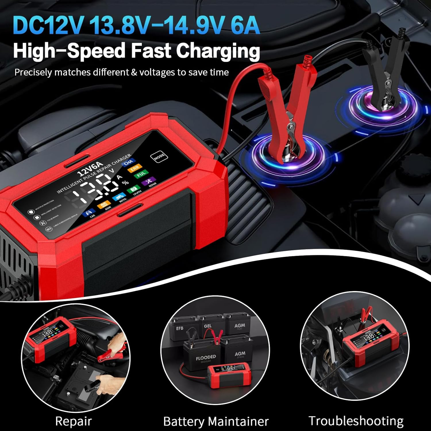 6A/12V Car Charger, 6A Multi Protections Motorcycle Battery Charger, Intelligent LCD Screen Fully Automatic Battery Charger for Motorcycles, Boats, Cars, Agm/Lithium Battery image number 3